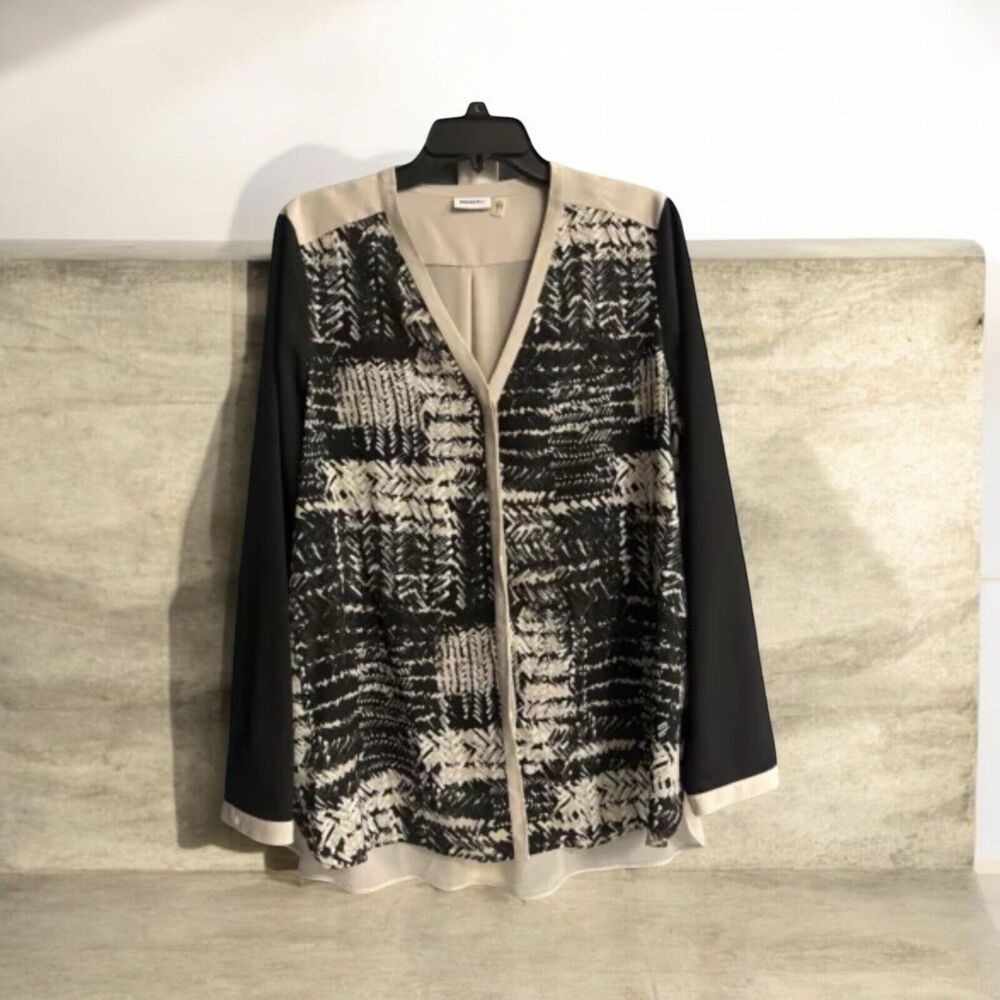 DKNYC Black Beige Long Sleeve Semi Sheer Blouse Shirt Size L Long Sleeve Button